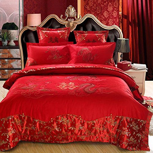 贝特尔 大红色婚庆套件 大提花绣花床单六件套床上用品 龙凤呈祥 1.8m 6英尺 床, 龙凤呈祥